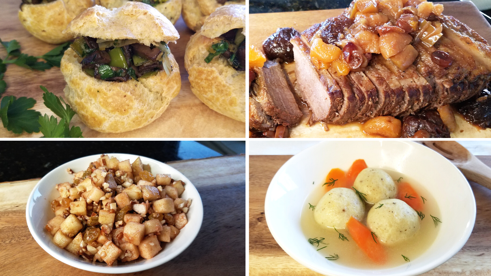 gougeres, fruited brisket, matzo ball soup, and haroset