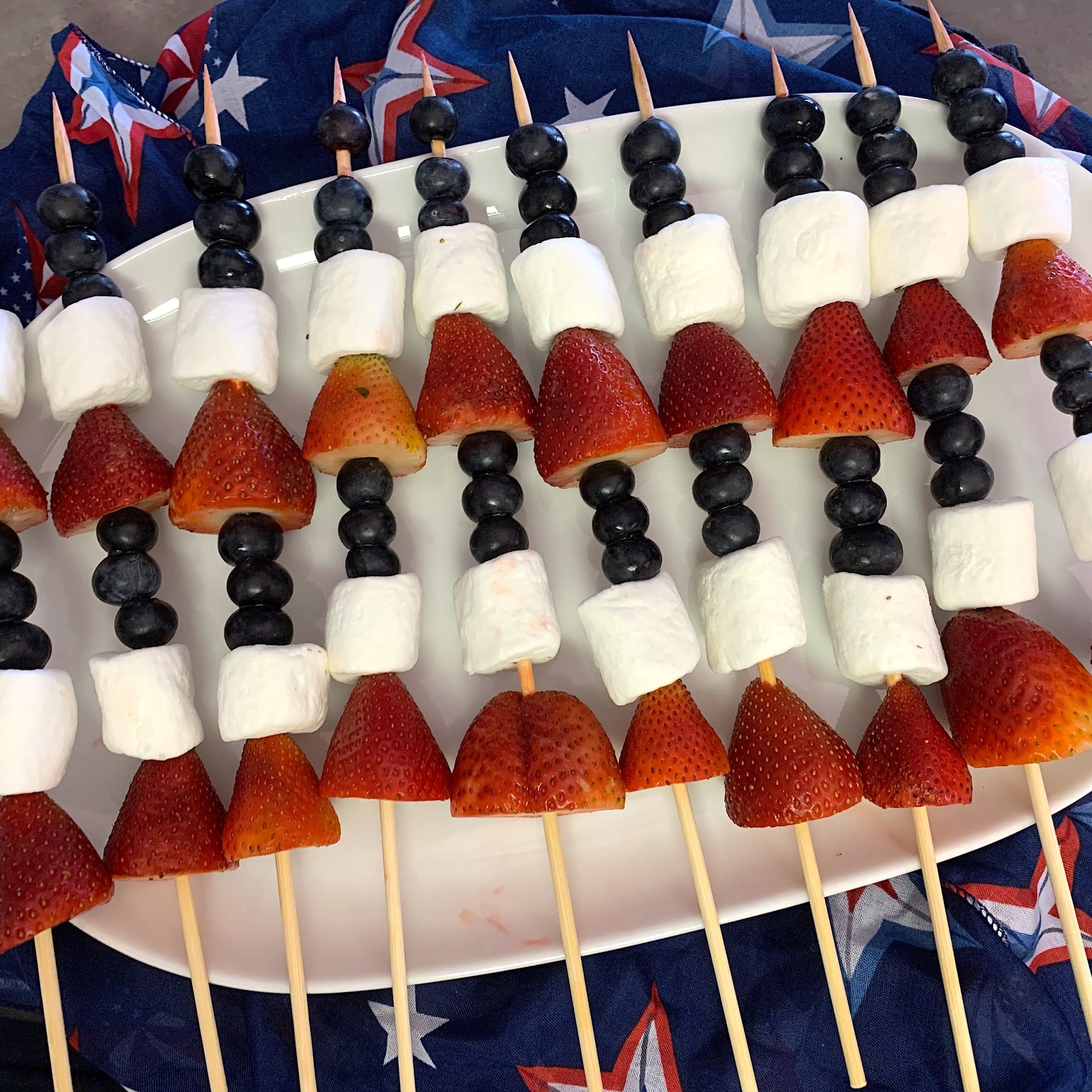 strawberry, blueberry, and marshmallow skewers