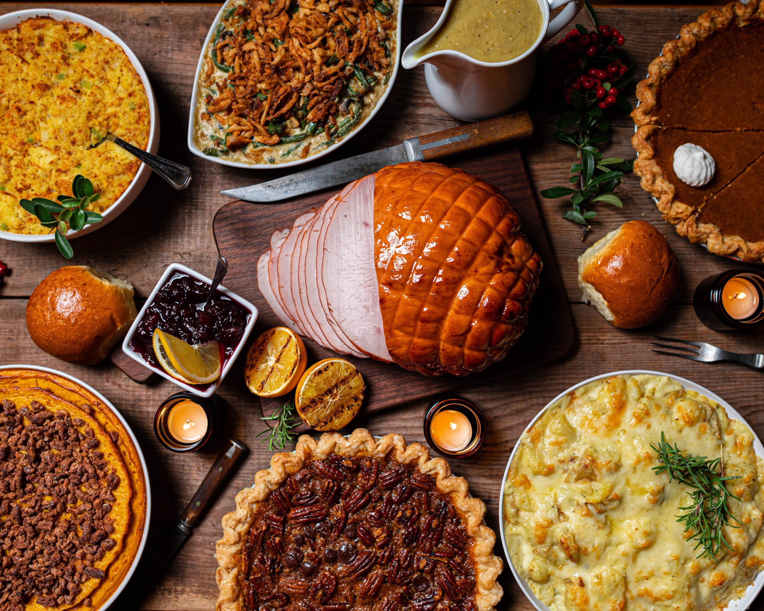 image of Thanksgiving foods from above